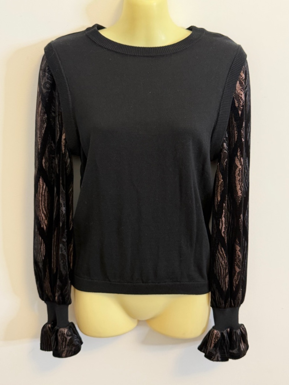 Current Air Black Long-Sleeve Top with Sheer Patterned Sleeves
